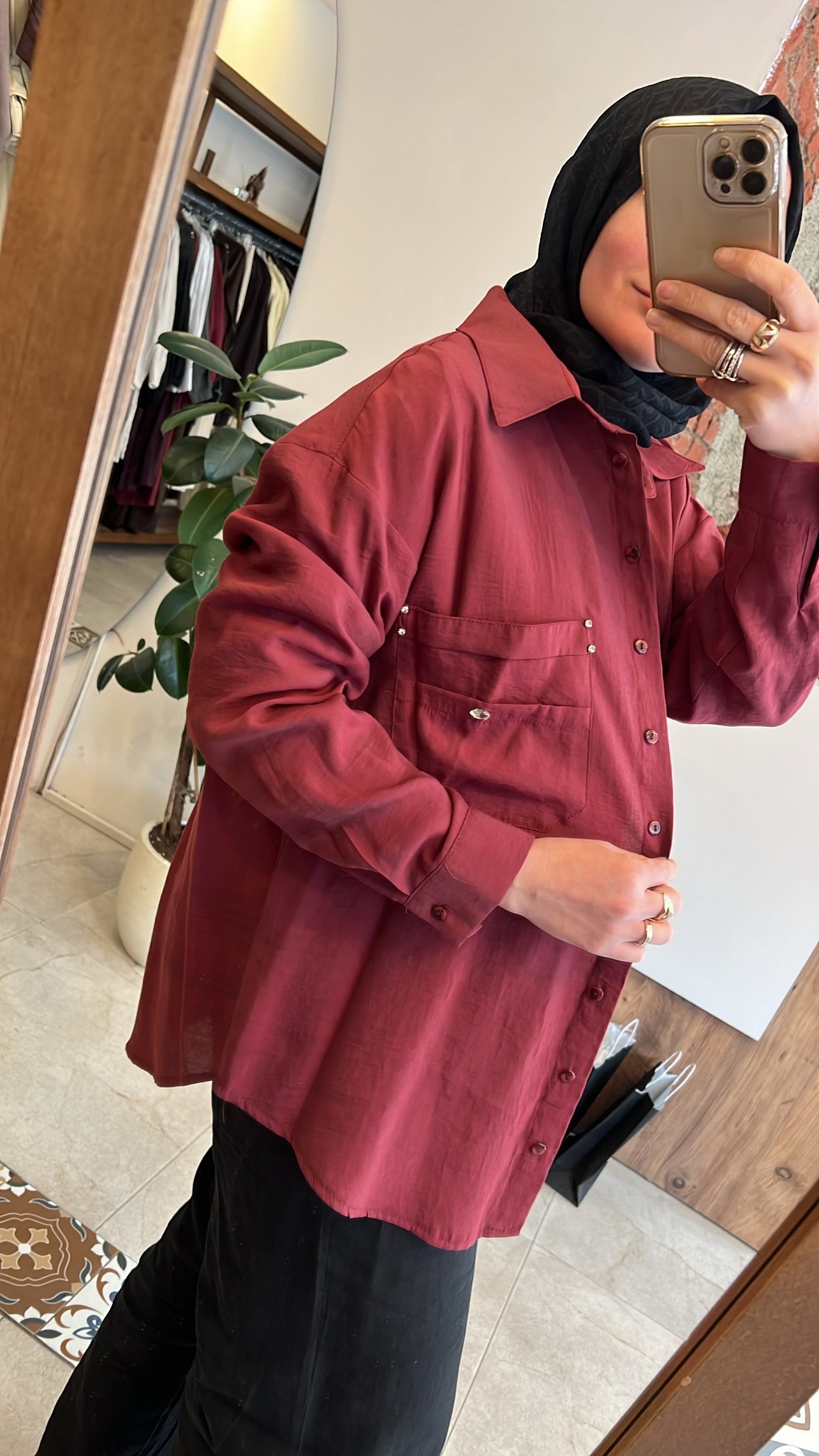 Cebi taş işlemeli gömlek kırmızı CEREMONY