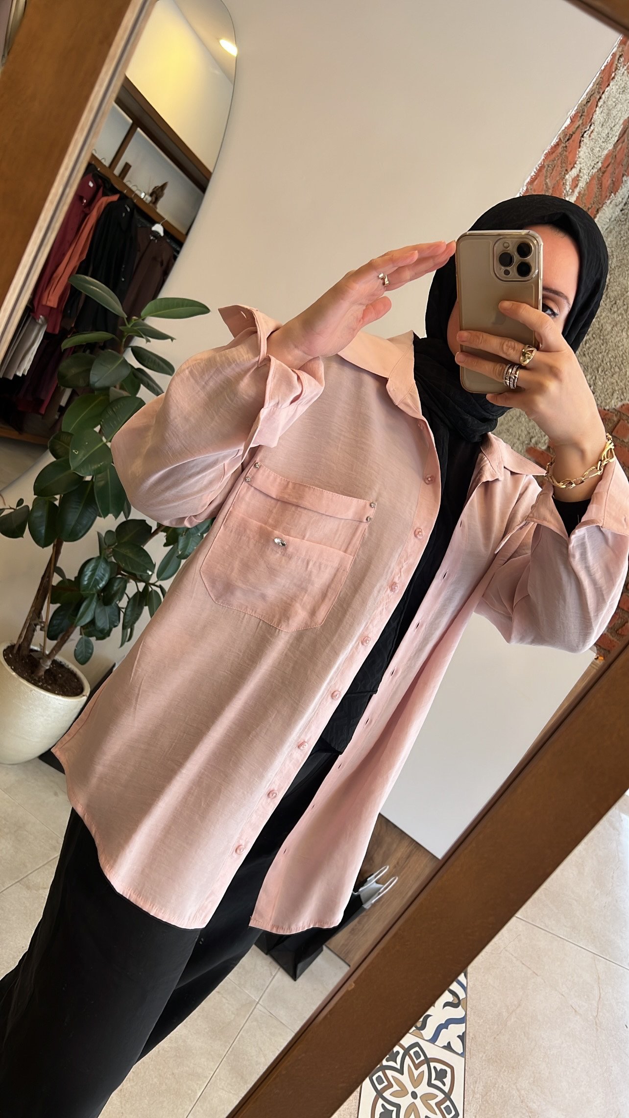 Cebi taş işlemeli gömlek pembe CEREMONY