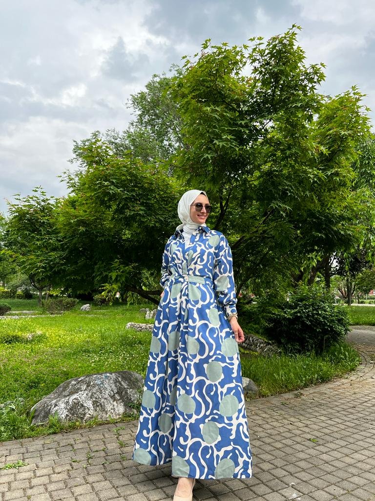 Desenli Keten Gömlek Elbise QOOQ