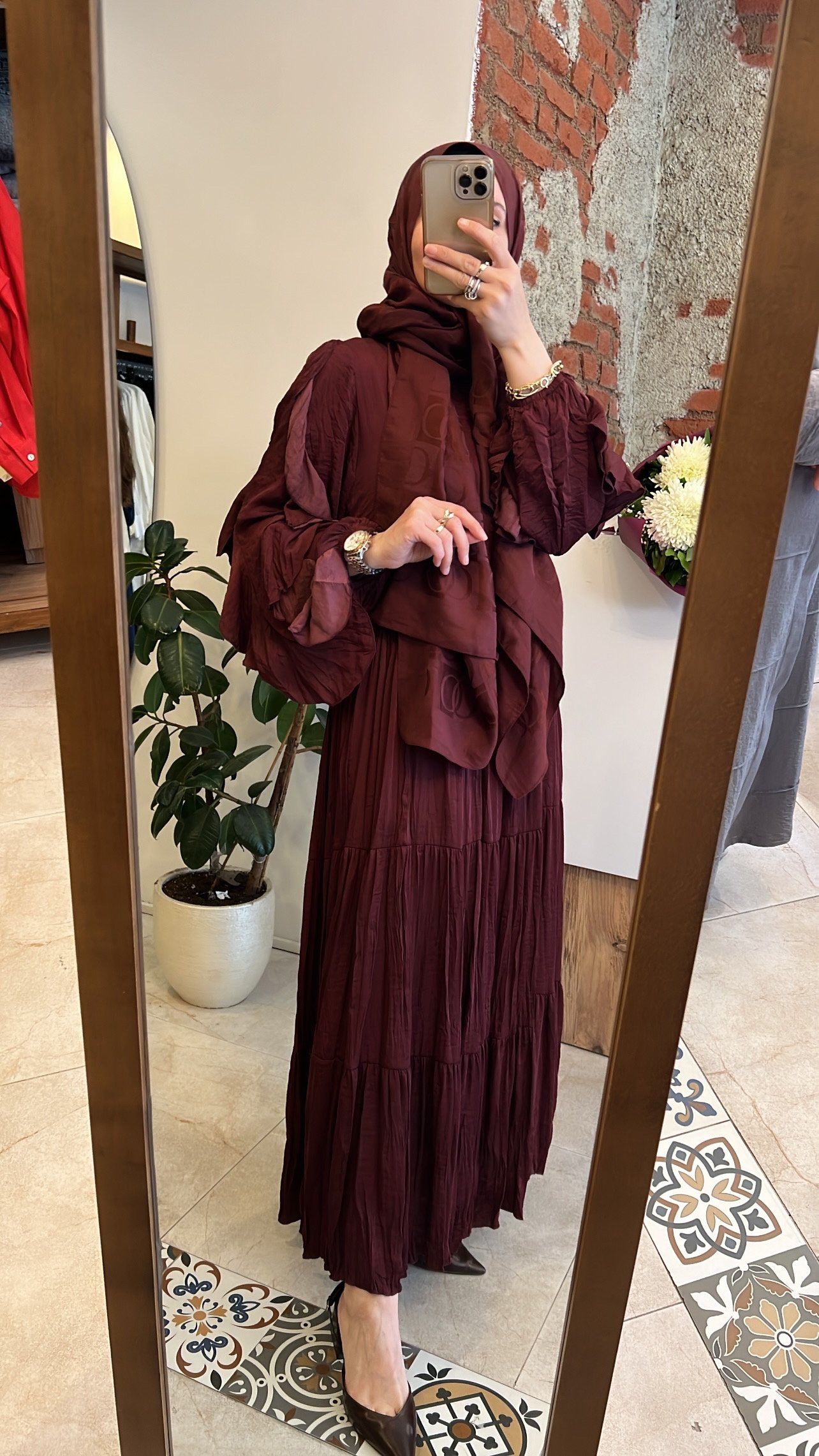 Kolları çift fırfır elbise bordo CEREMONY