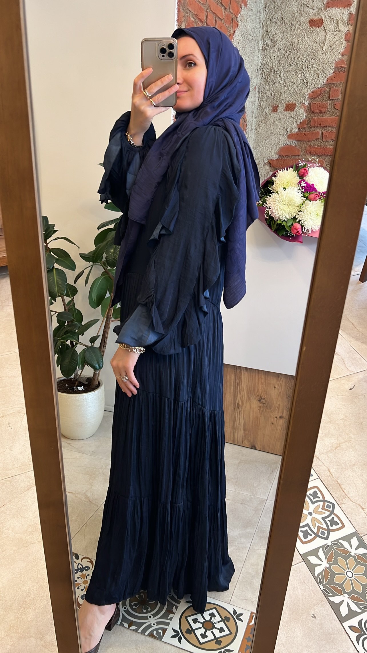 Kolları çift fırfır elbise lacivert CEREMONY