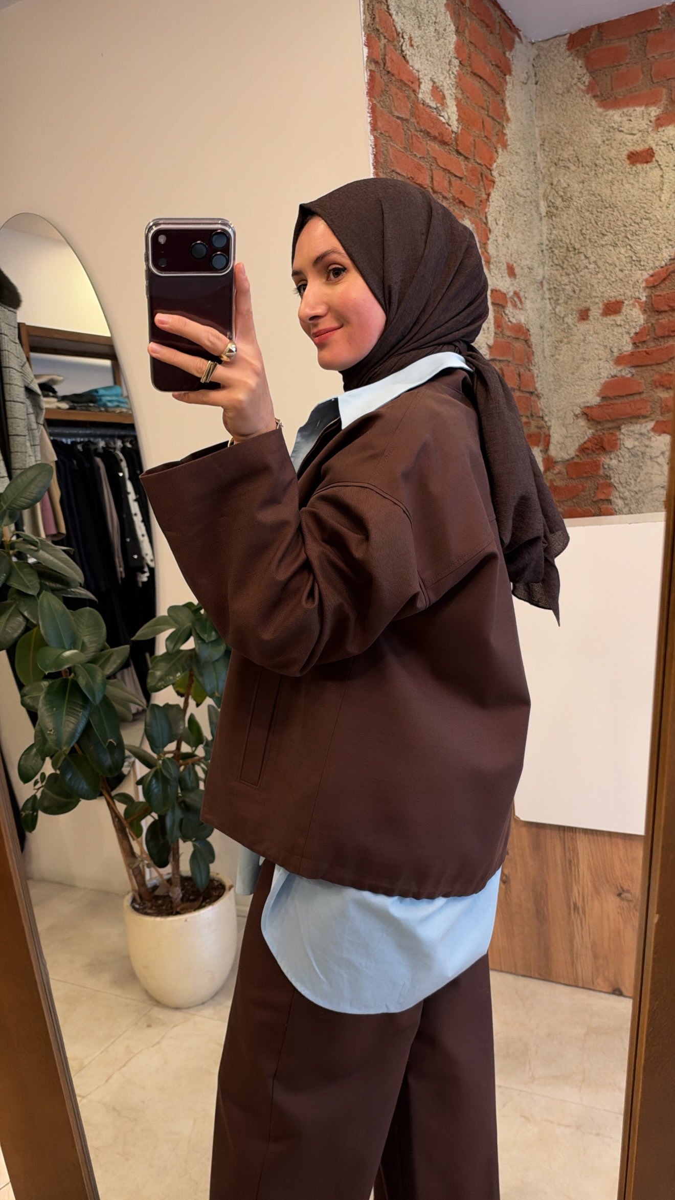 Nakış detay ceket pantolon kahve QOOQ