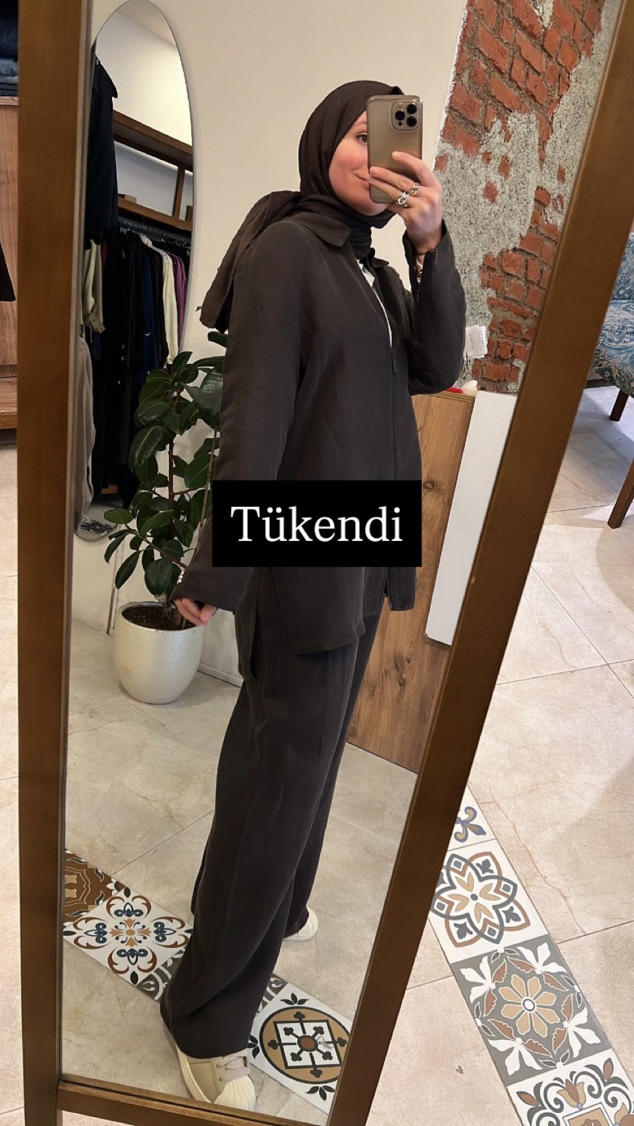 Önü fermuarlı ipek keten takım kahve MİSS DALİDA