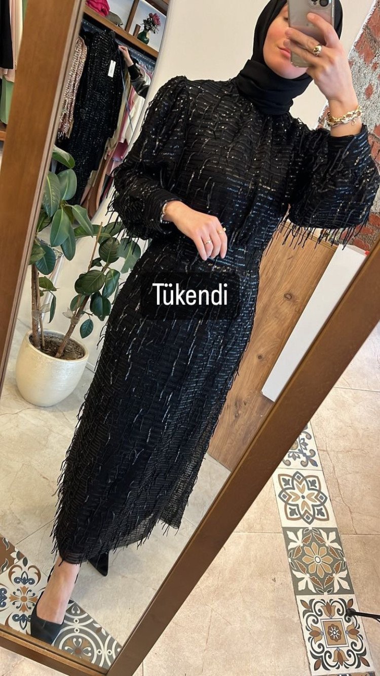 Payetli Elbise Siyah Venöve